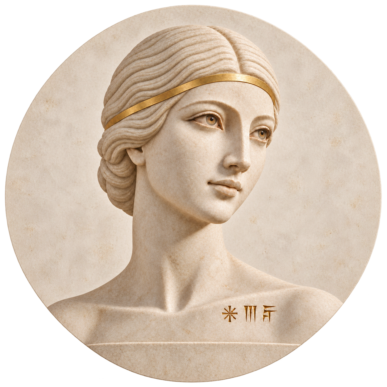 A pale sculptural interpretation of Nisaba, the Sumerian goddess of writing, with a gold hairband