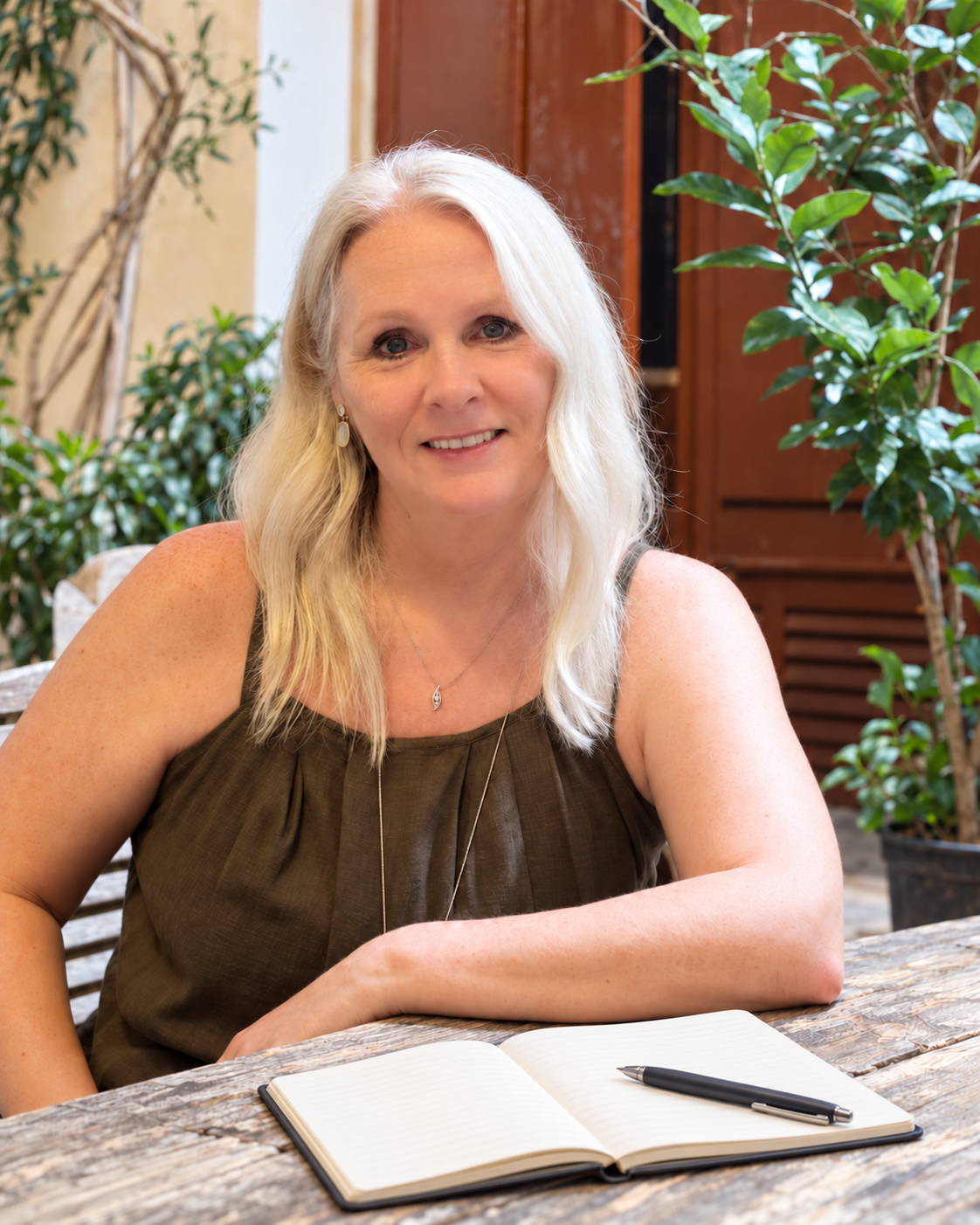 Wendi Jane Ellis seated at a café table with a notebook and pen