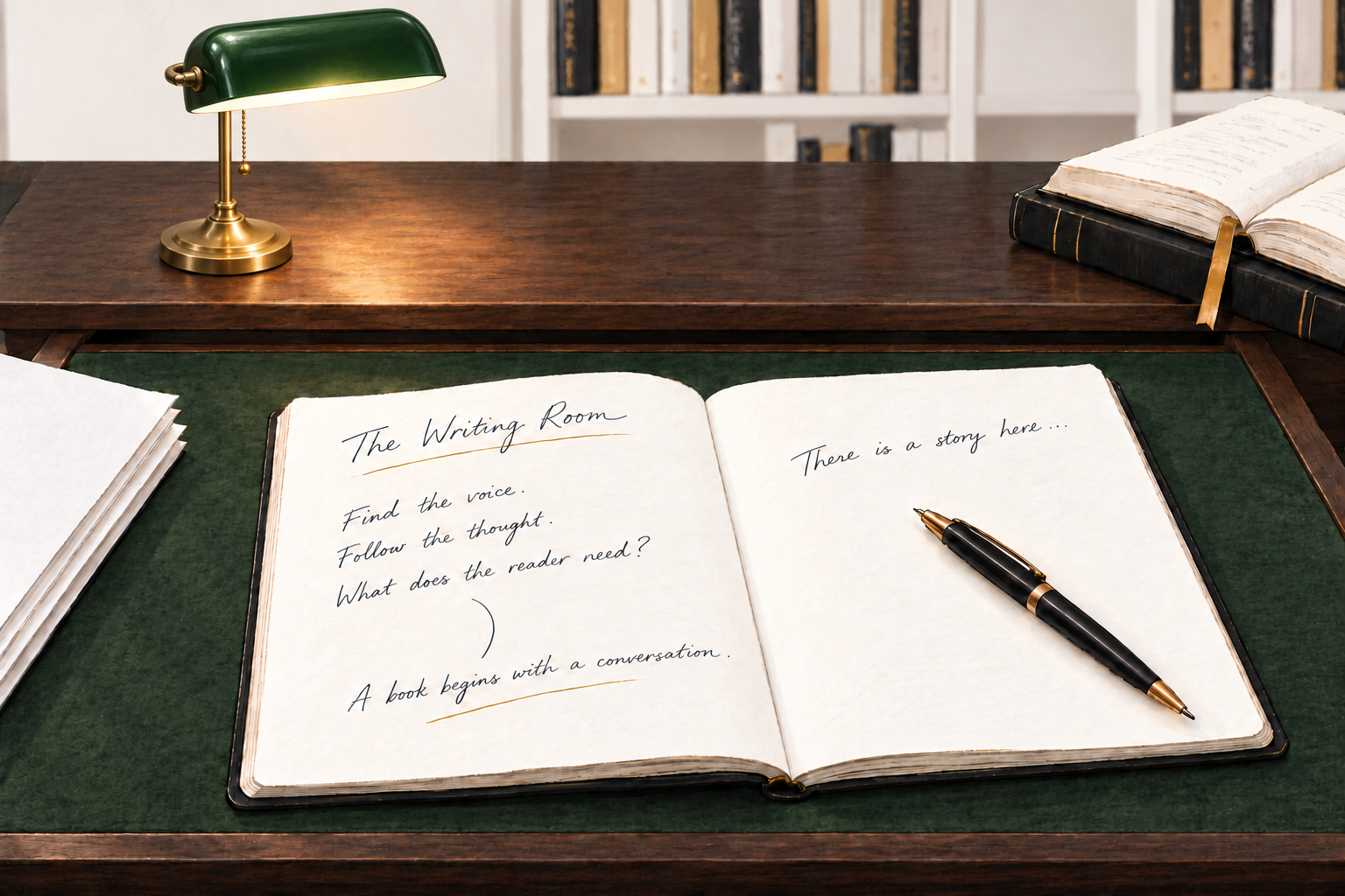 An open notebook on a green felt writing slide, with a green glass reading lamp and books behind it.